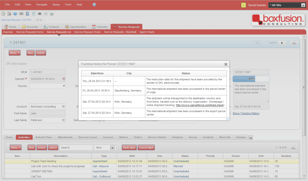 Siebel Open UI - Integrated with Parcel Tracking Service