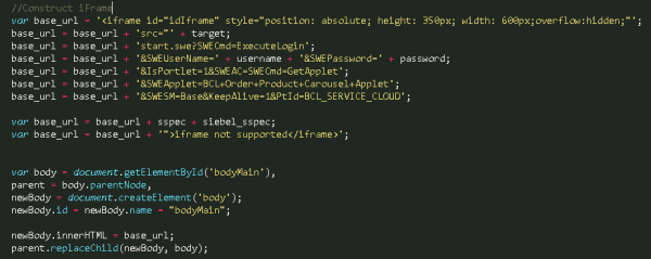 Construction of iFrame URL and appending Siebel Portlet parameters. The HTML/JavaScript mapping does not use JQuery as the Agent Desktop does not support JQuery.