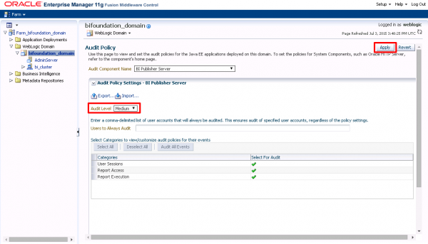 Fig 5 - Setting the Audit Level to Medium in Enterprise Manager