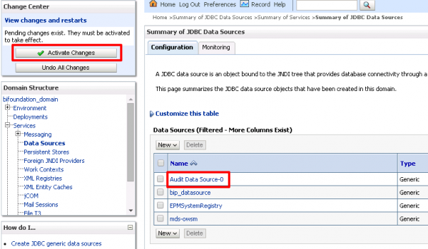 Fig 9 - Ensure that the data source has been created and click Activate Changes