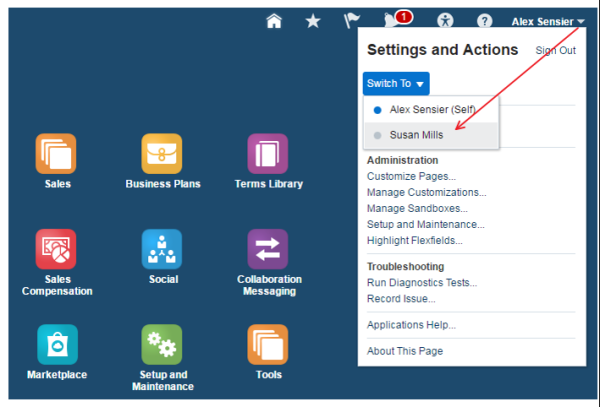 Fig. 5: Accessing the 'Switch To' menu to begin a Proxy Login Session